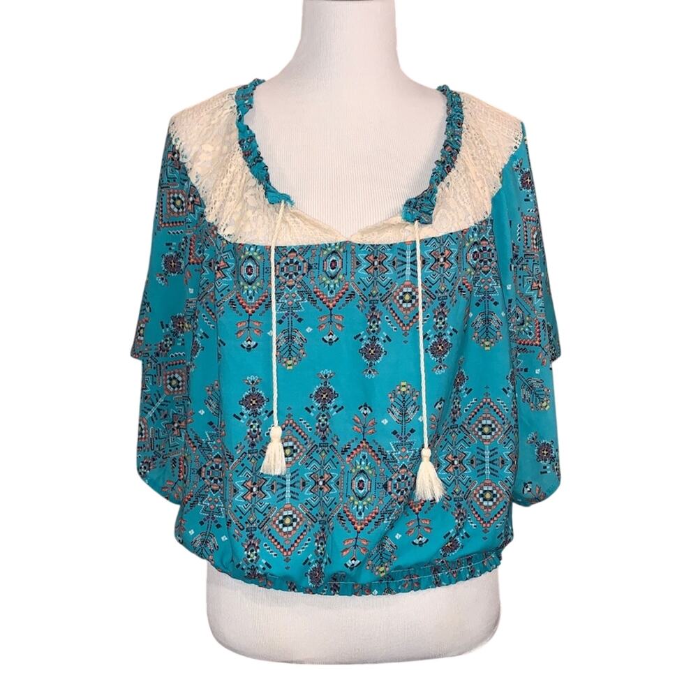 Red Camel Boho Top with Aztec Design and Tassles